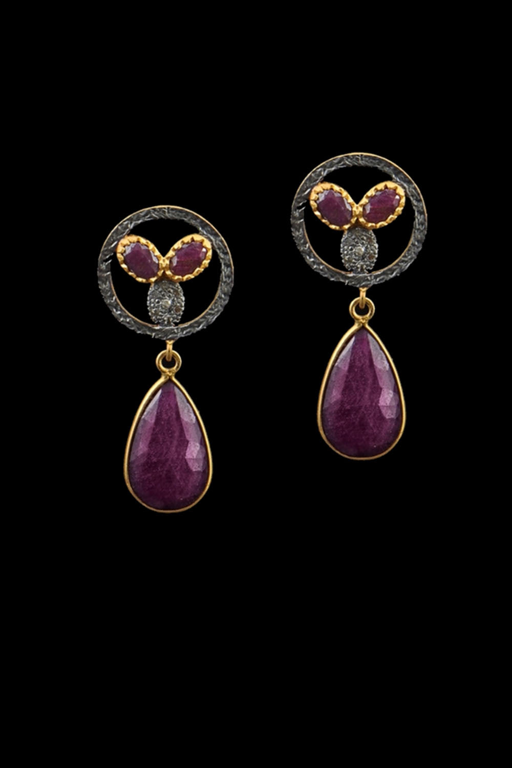Raw Ruby Slice and Diamond Gold Dangle Earrings | Sivalya