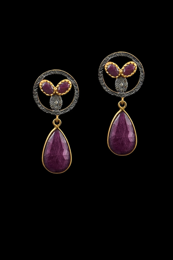 Raw Ruby Slice and Diamond Gold Dangle Earrings | Sivalya