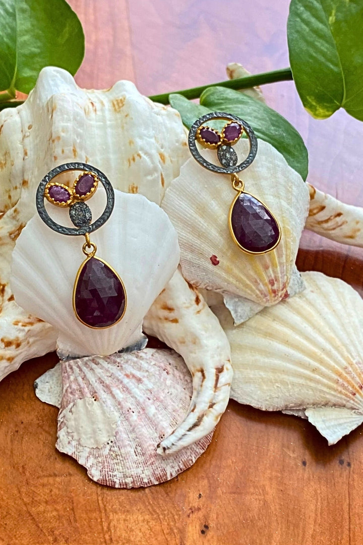 Raw Ruby Slice and Diamond Gold Dangle Earrings | Sivalya