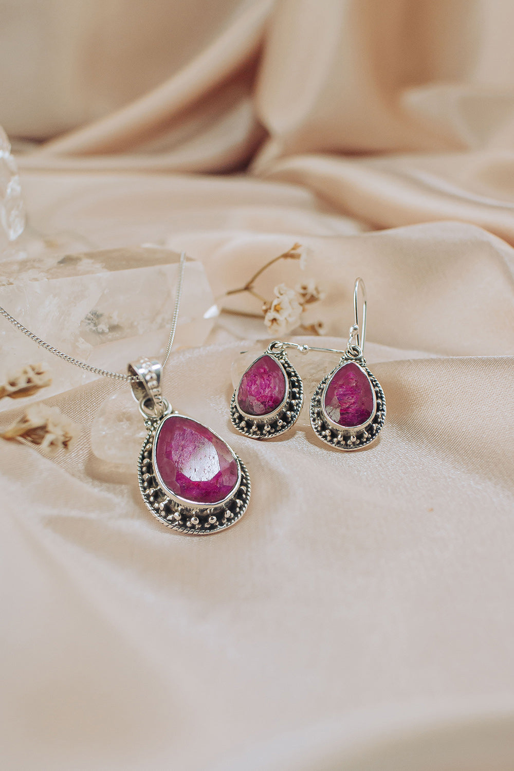 Sivalya Raw Ruby Necklace and Earrings Set Sterling Silver - Amalfi