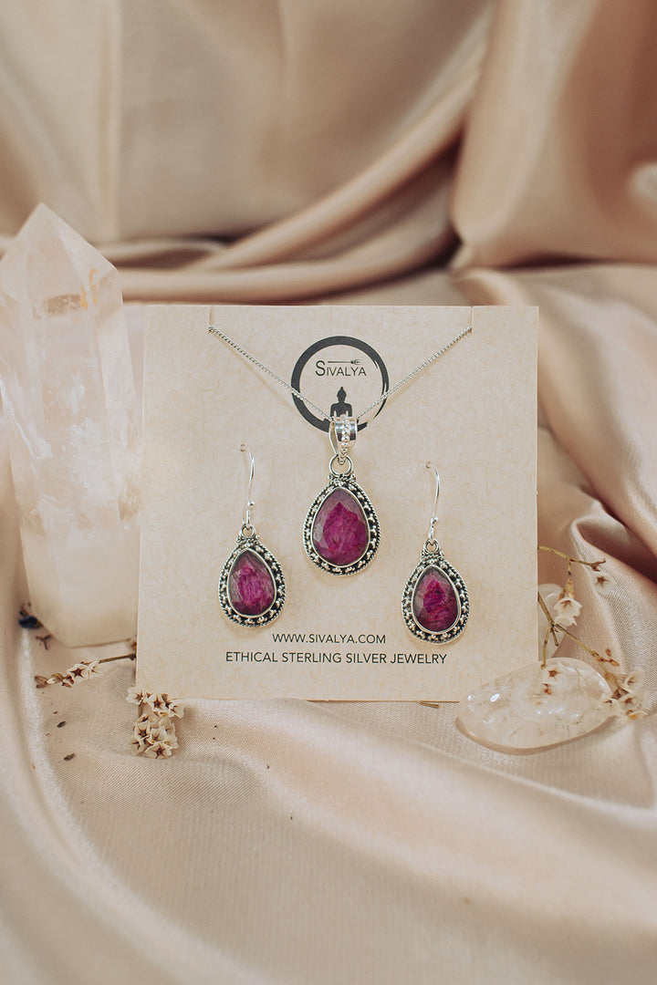 Sivalya Raw Ruby Necklace and Earrings Set Sterling Silver - Amalfi