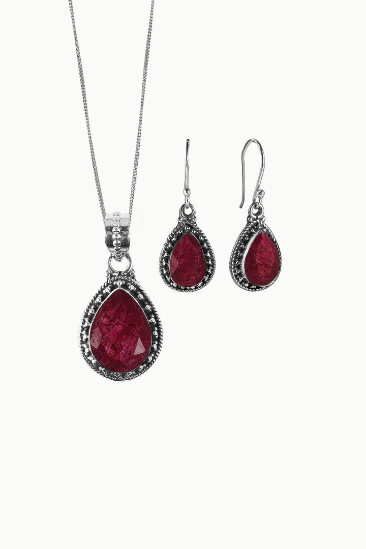 Sivalya Raw Ruby Necklace and Earrings Set Sterling Silver - Amalfi