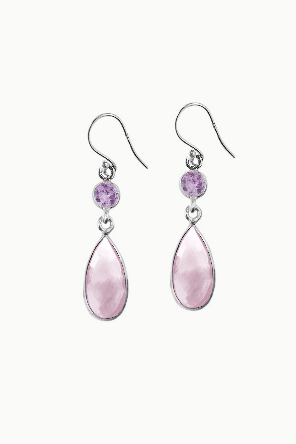 Rose Quartz and Purple Amethyst Dangle Drop Earrings Gold-plated Sterling Silver