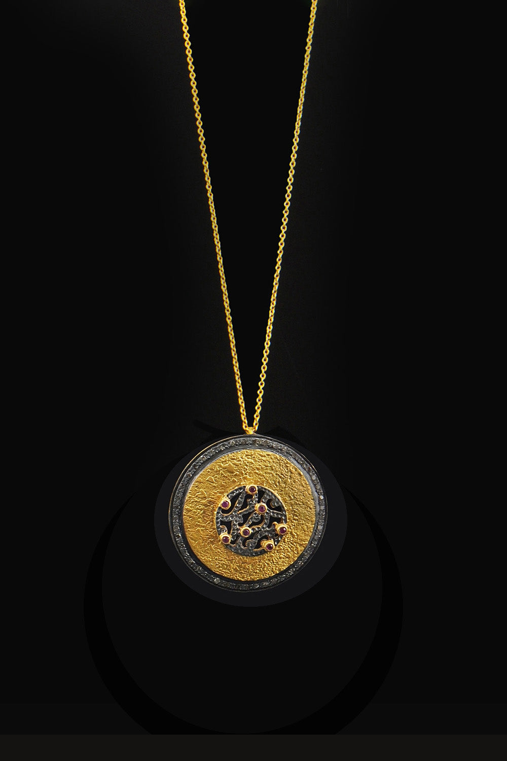 Ruby and Diamonds Disk Pendant Necklace in Textured Gold | Sivalya