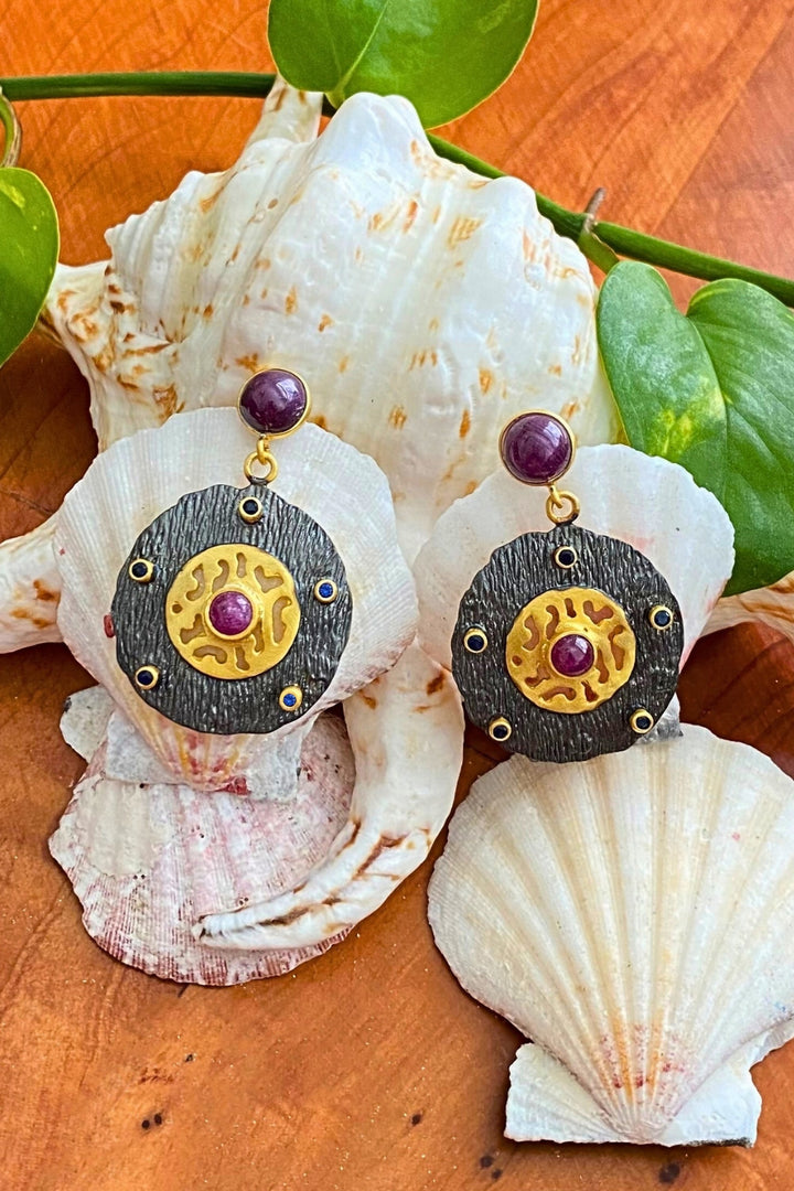 Ruby and Emerald Two Tone Gold Disc Earrings | Sivalya