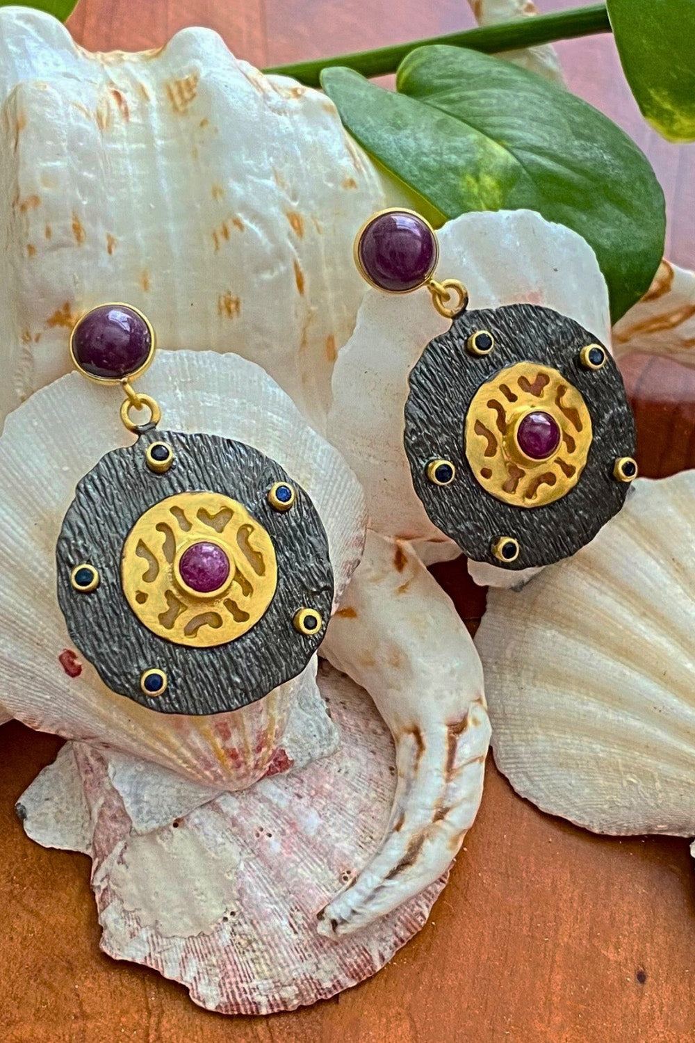 Ruby and Emerald Two Tone Gold Disc Earrings | Sivalya