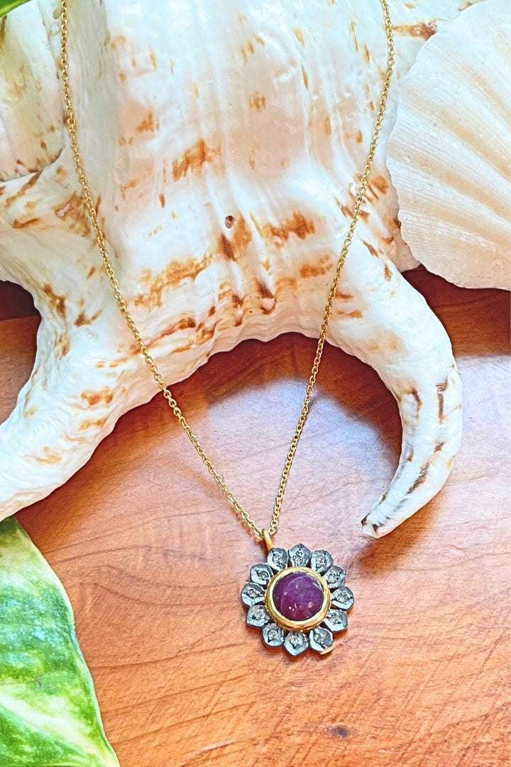 Ruby and Diamonds Flower Pendant Necklace in Two-Tone Gold | Sivalya