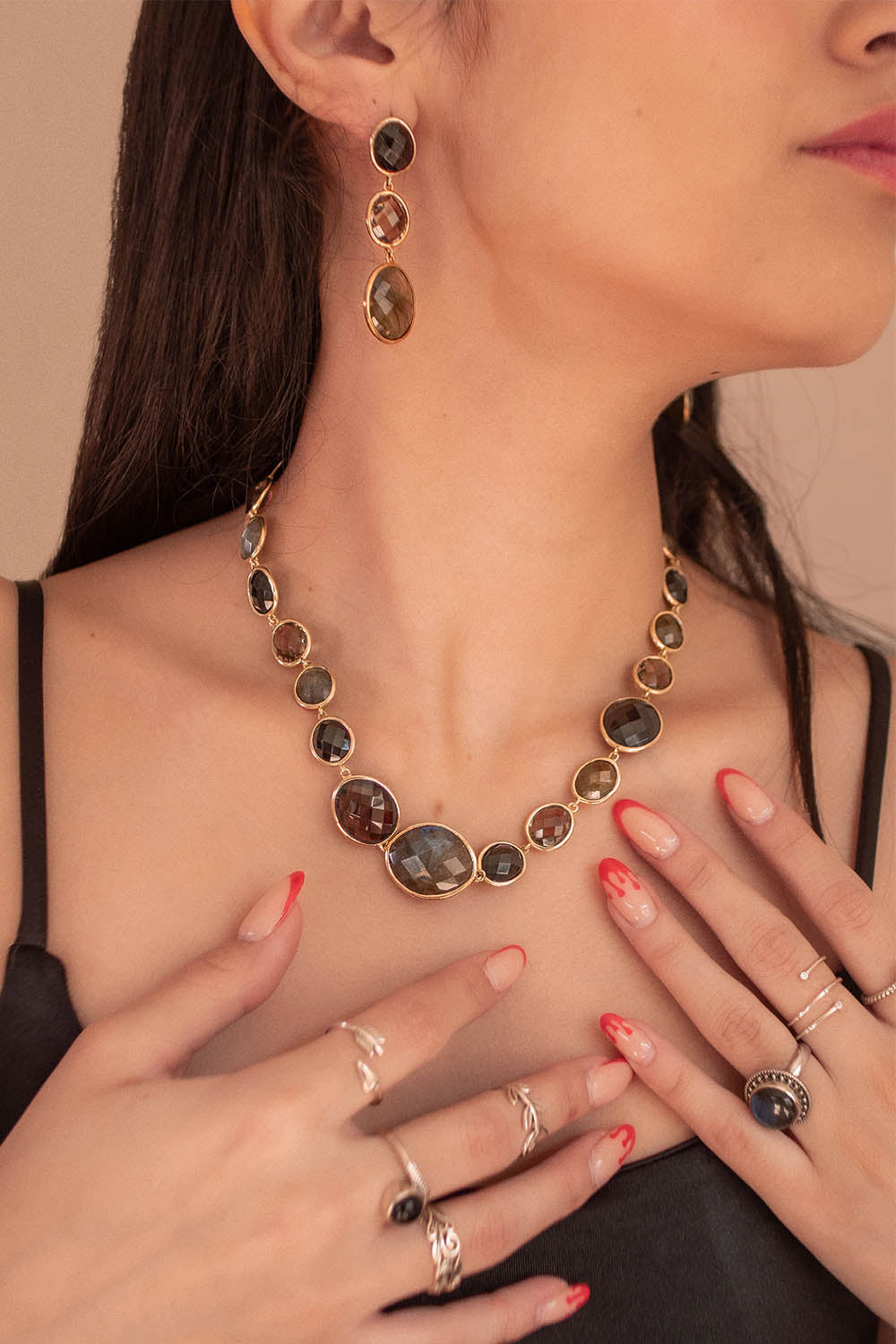 Sivalya Black Onyx Labradorite Necklace and Earrings Set - Paris