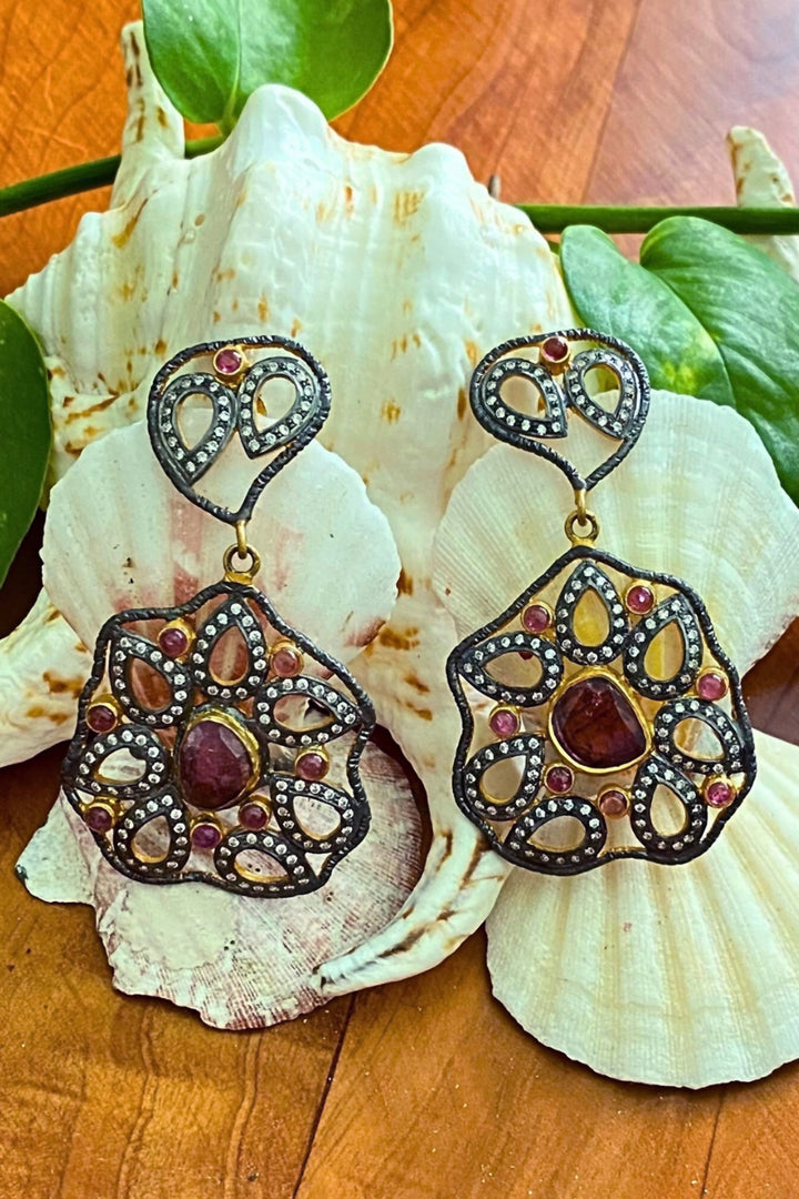 Radiant Blossom Tourmaline and Polki Diamonds Gold Earrings | Sivalya