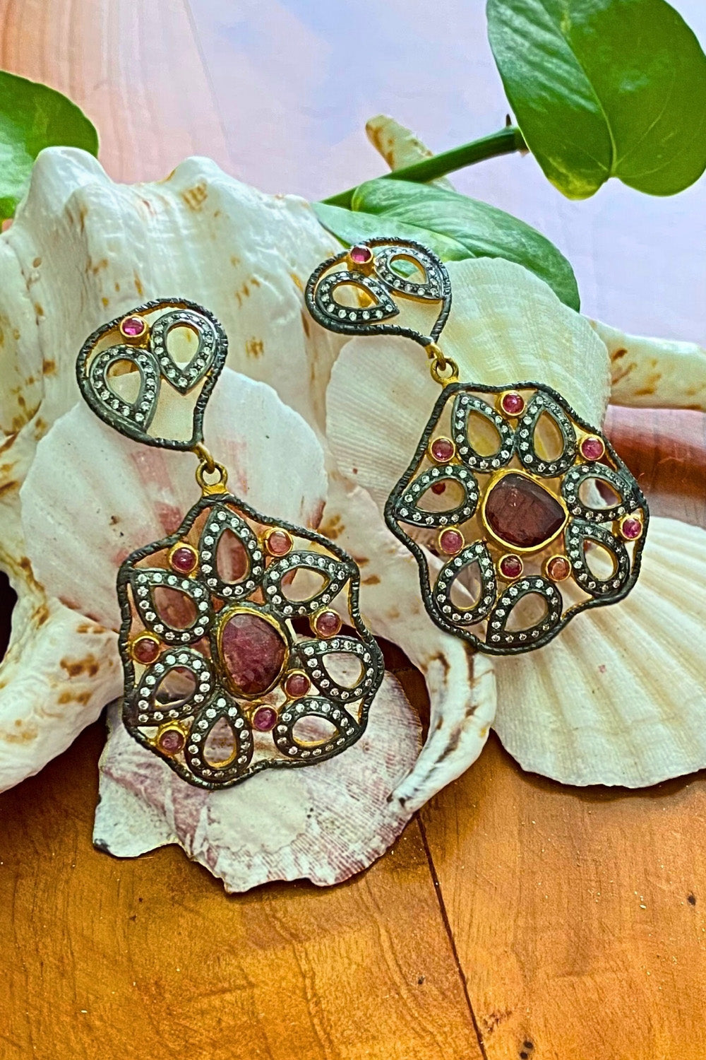 Radiant Blossom Tourmaline and Polki Diamonds Gold Earrings | Sivalya