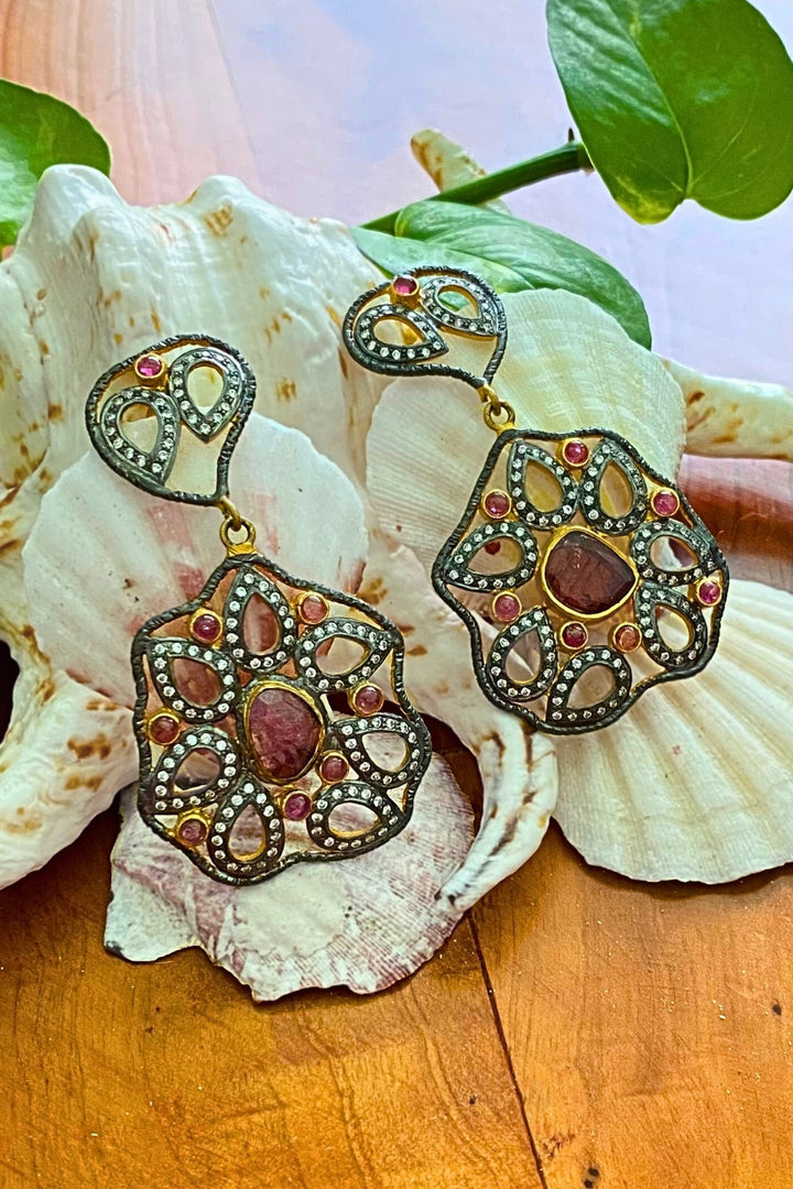 Radiant Blossom Tourmaline and Polki Diamonds Gold Earrings | Sivalya