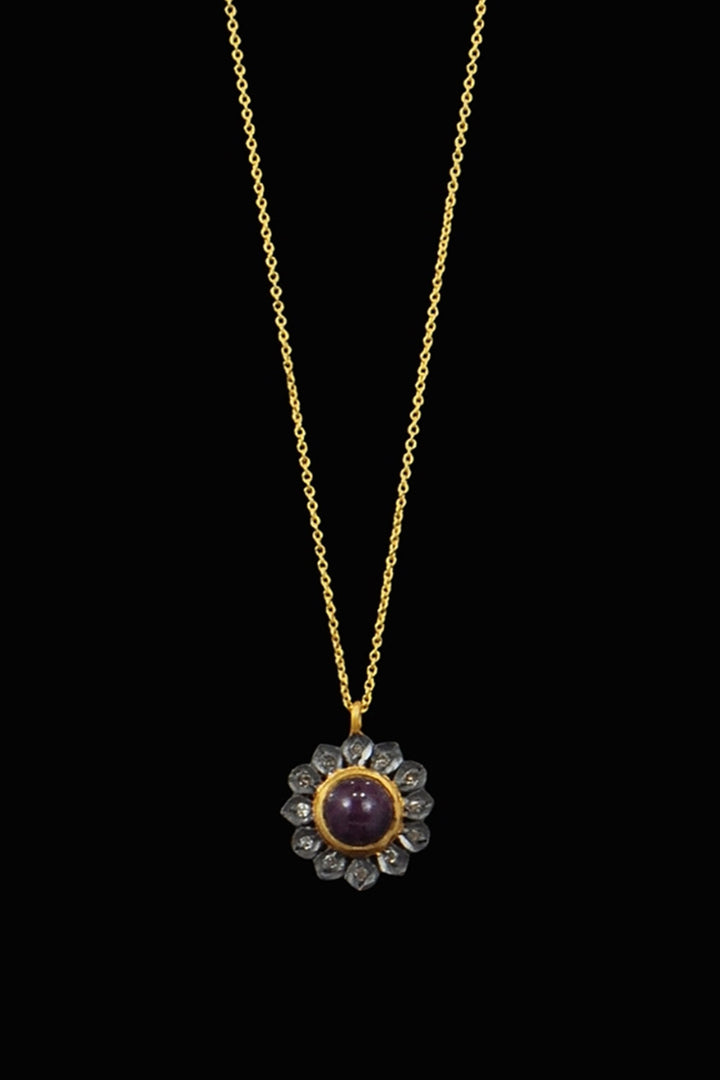Ruby and Diamonds Flower Pendant Necklace in Two-Tone Gold | Sivalya
