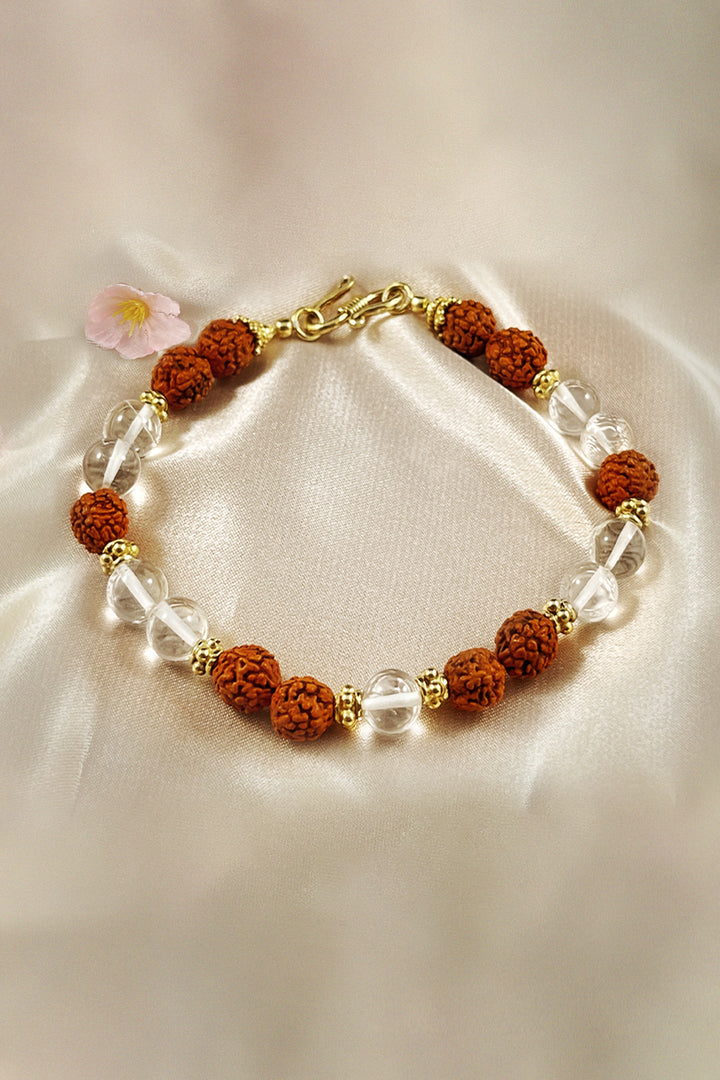 Veda Rudraksha and Clear Crystal Wrist Mala Gold