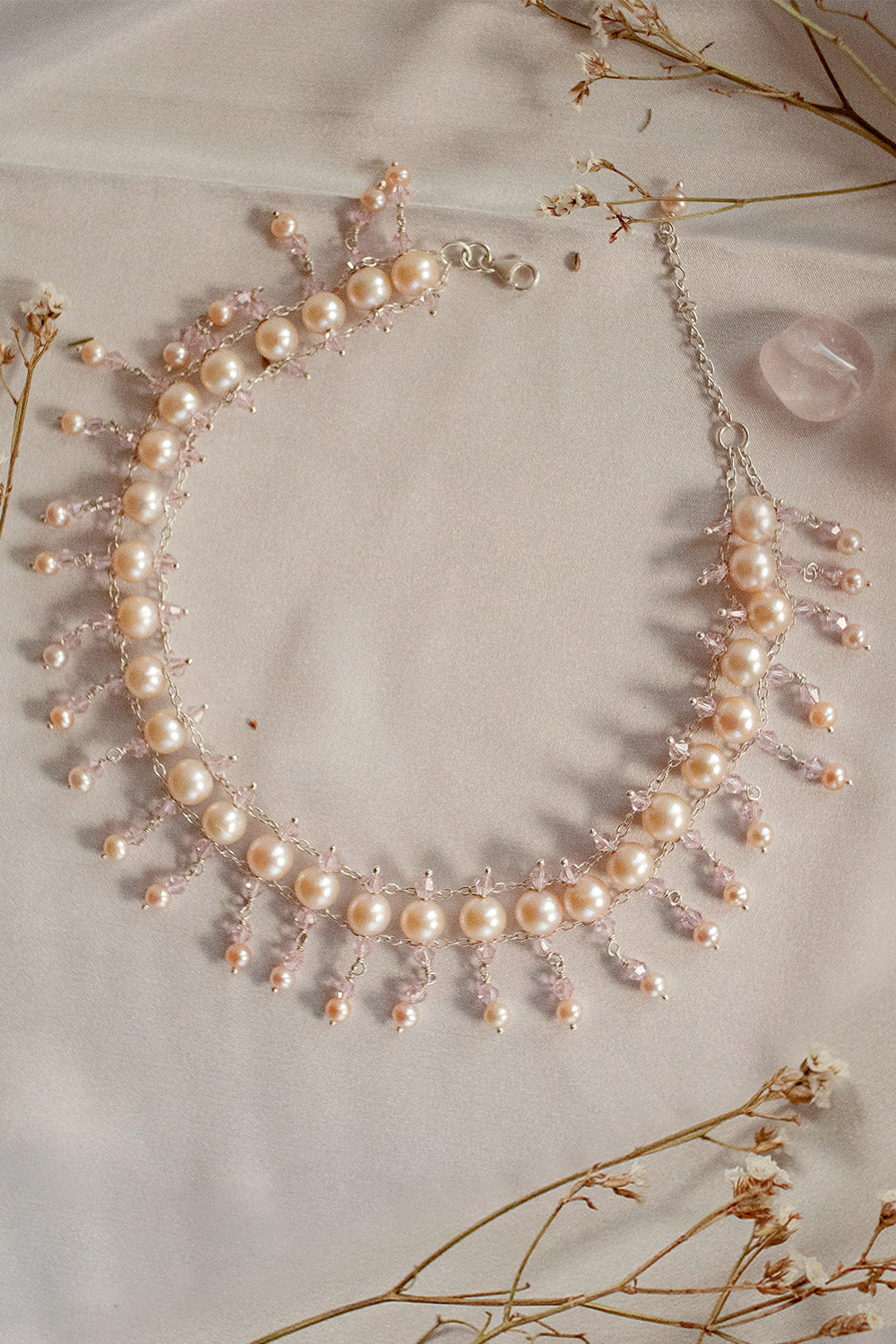 Venice Peach Pearl Choker Necklace Sterling Silver
