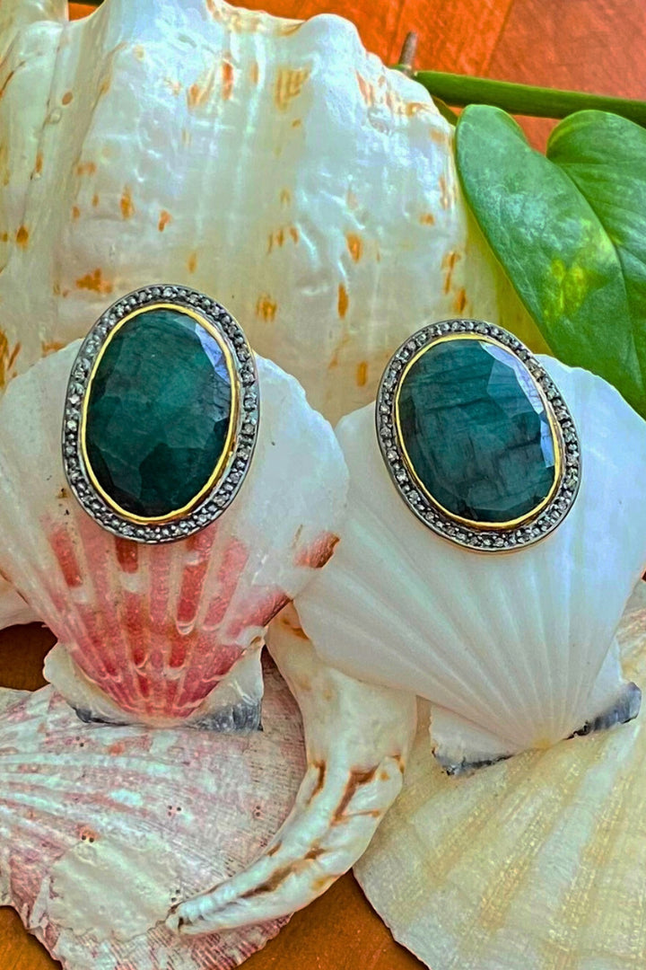 Divine Spark Emerald and Diamond Gold Stud Earrings | Sivalya