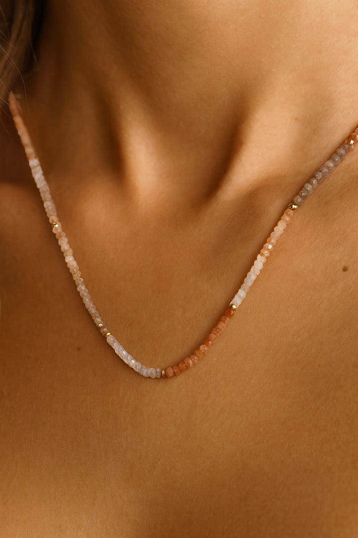 Golden Light Long Layering Necklace - Peach Moonstone