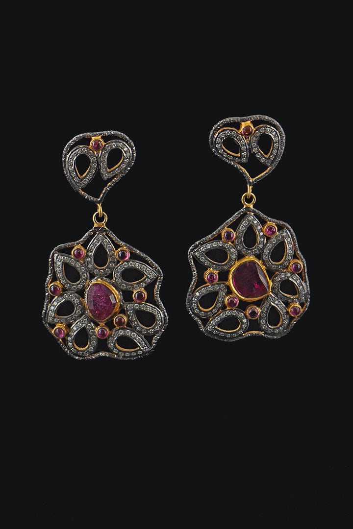Radiant Blossom Tourmaline and Polki Diamonds Gold Earrings | Sivalya