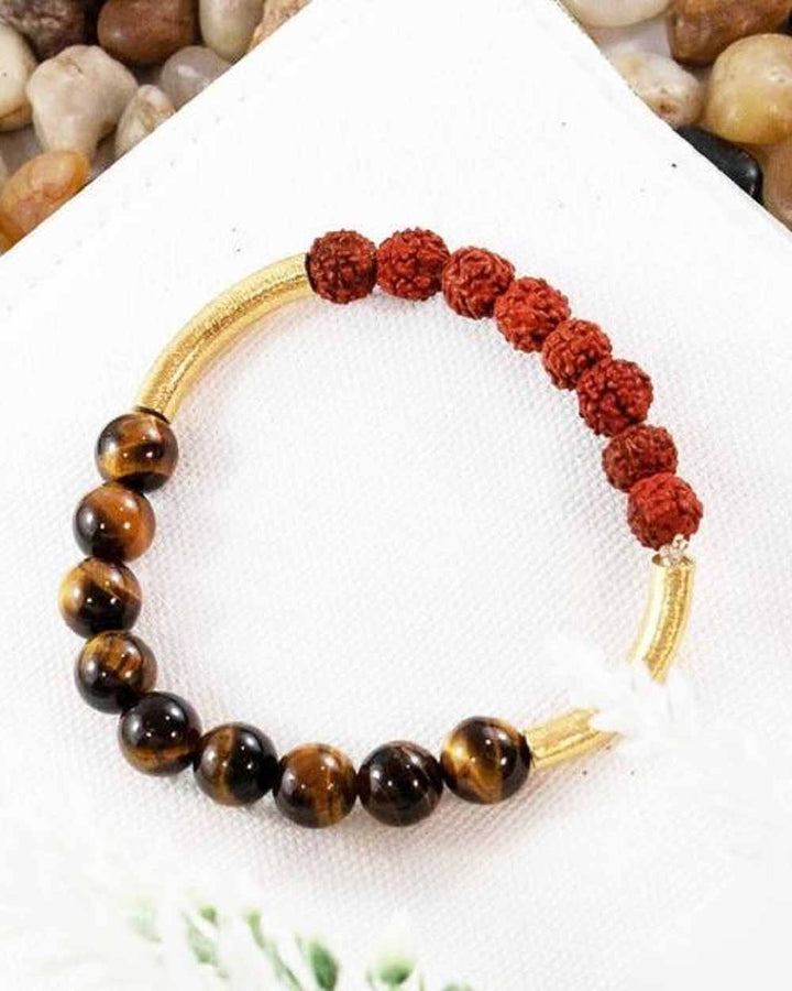 Sivalya Guided by Wisdom Wrist Mala Rudraksha and Tigers Eye Gold