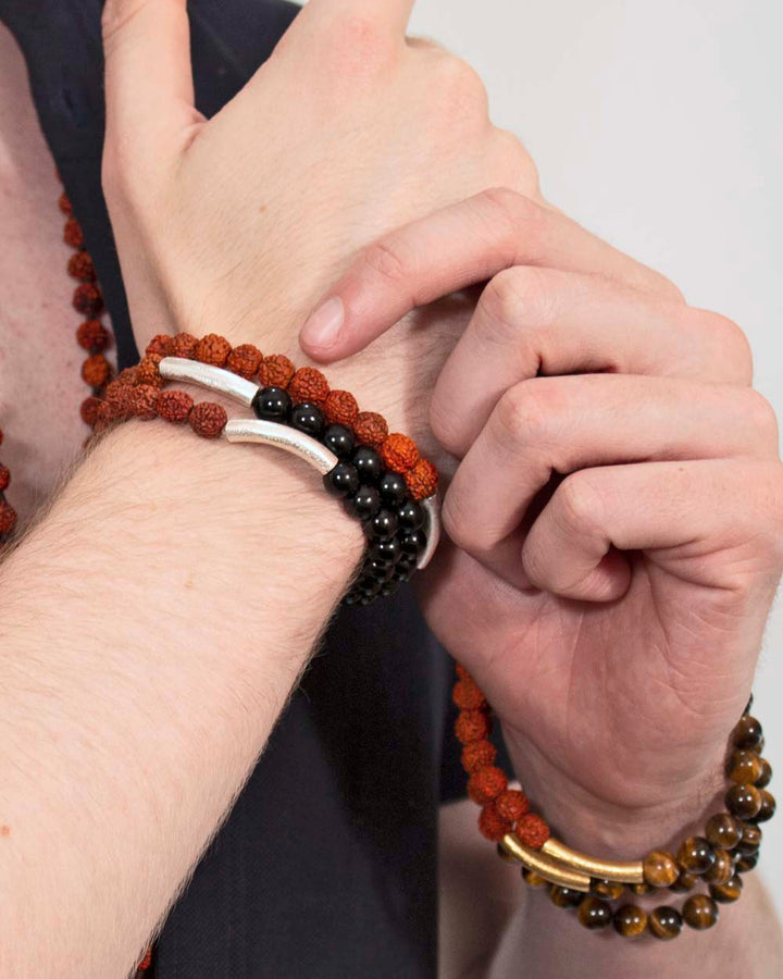 Sivalya Guided by Wisdom Wrist Mala Rudraksha and Tigers Eye Gold