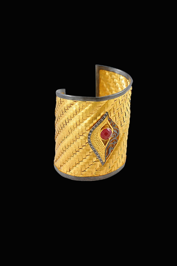 Woven Gold Wide Cuff Bracelet with Diamonds & Red Onyx | Sivalya