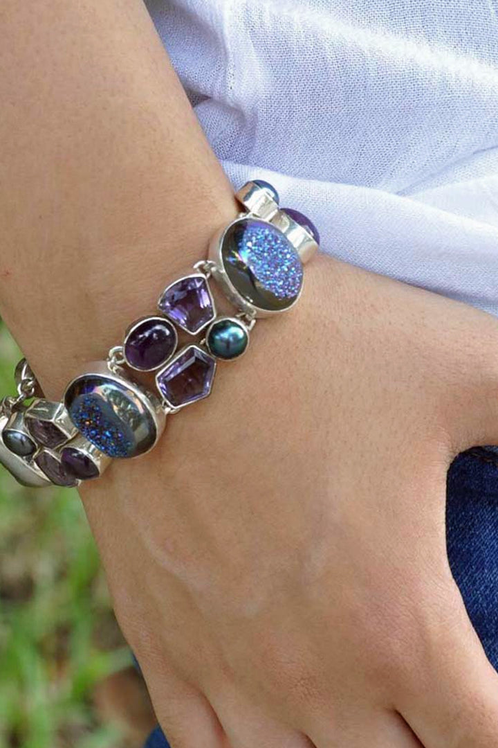 Sivalya Aura Rainbow Druzy and Amethyst Sterling Silver Bracelet