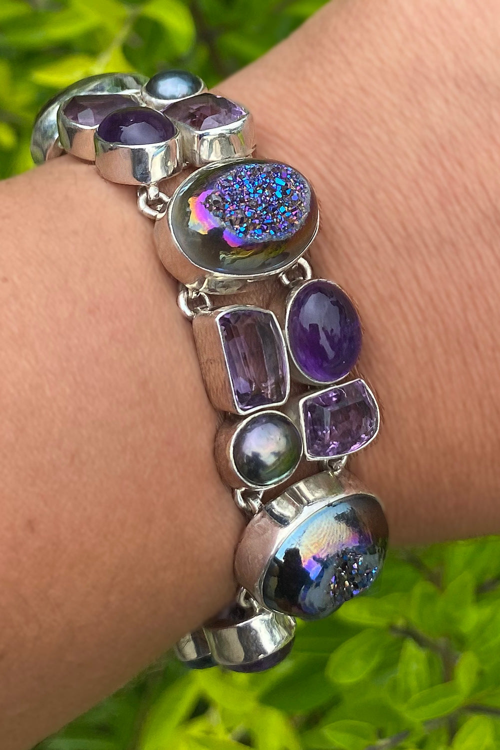 Sivalya Aura Rainbow Druzy and Amethyst Sterling Silver Bracelet