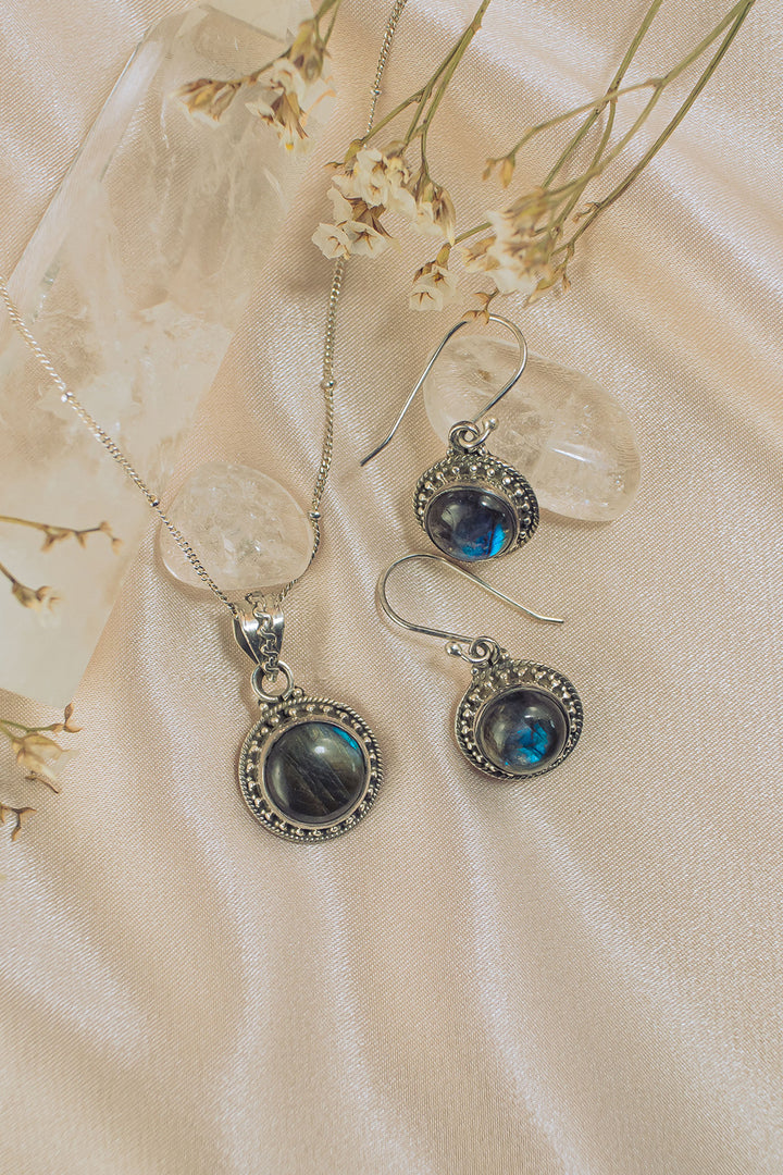 Labradorite Silver Necklace and Earrings Jewelry Set - Aurora