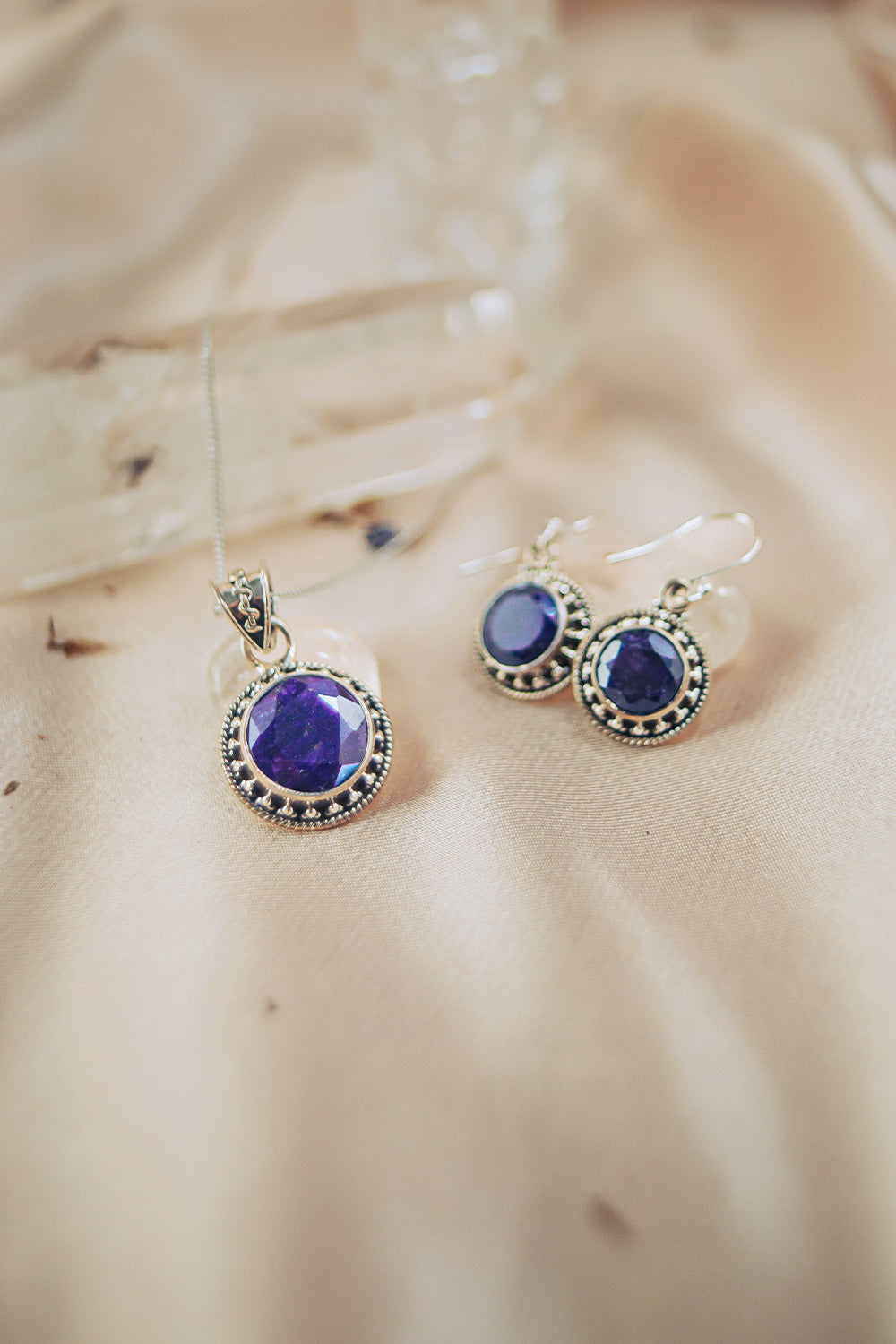 Raw Sapphire Silver Necklace and Earrings Jewelry Set  - Aurora