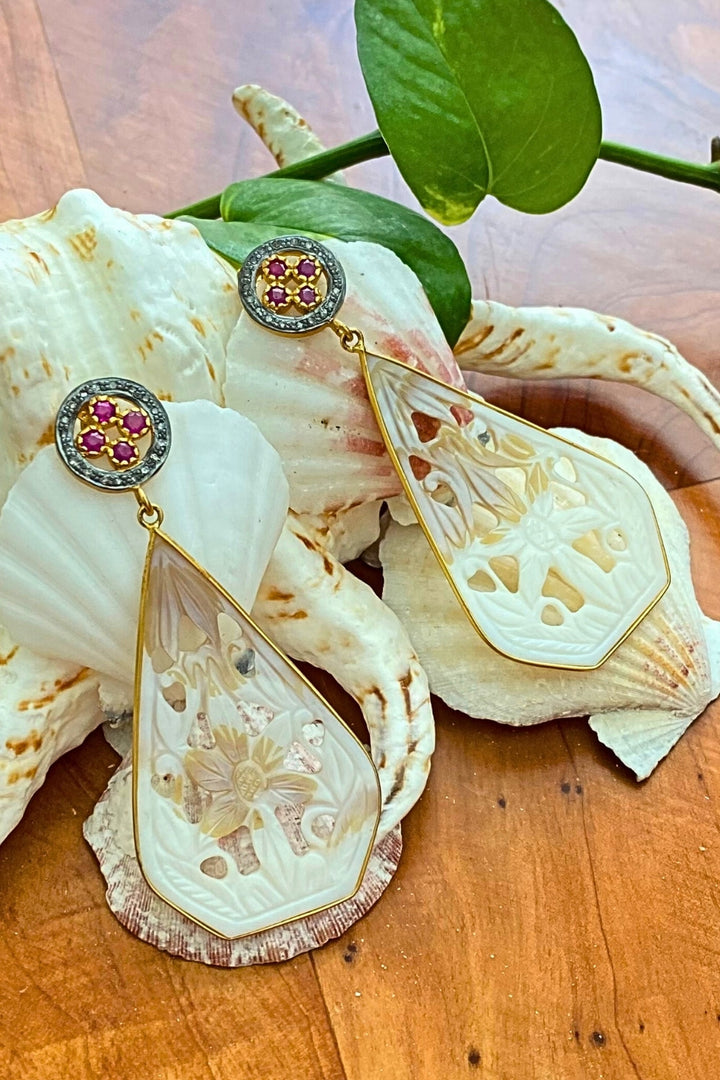 Luminous Grace Mother of Pearl Earrings with Ruby and Diamonds | Sivalya