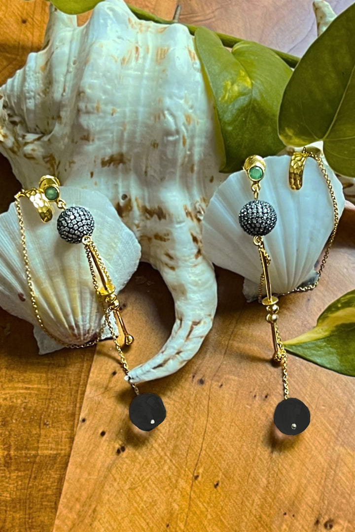 Cascading Diamonds & Black Onyx Gold Ear Cuff Dangle Earrings | Sivalya