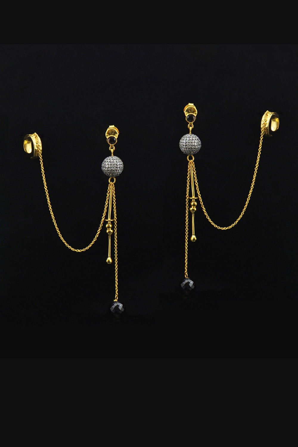 Cascading Diamonds & Black Onyx Gold Ear Cuff Dangle Earrings | Sivalya