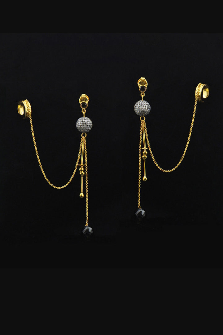 Cascading Diamonds & Black Onyx Gold Ear Cuff Dangle Earrings | Sivalya