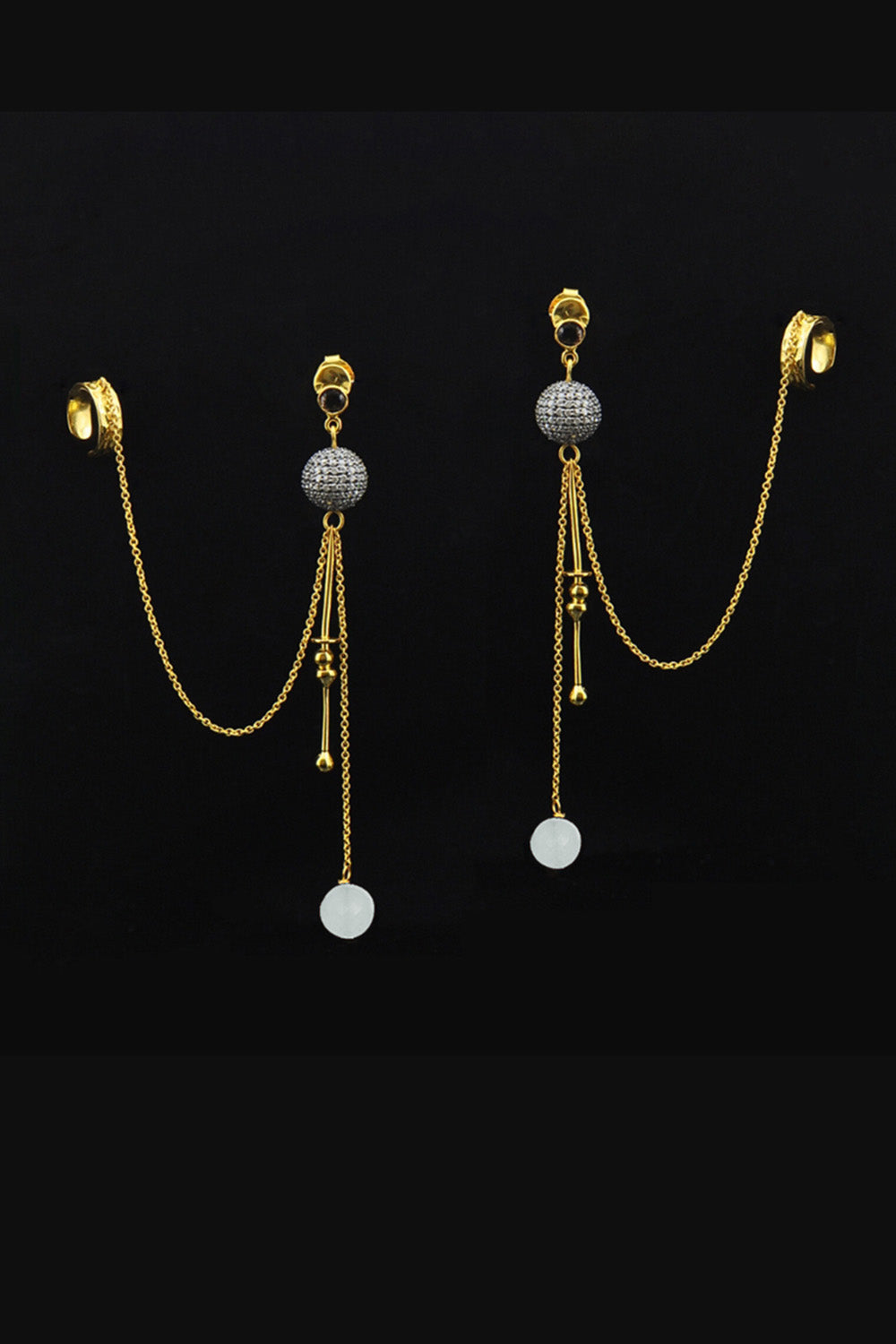 Cascading Diamonds & Moonstone Gold Ear Cuff Dangle Earrings | Sivalya