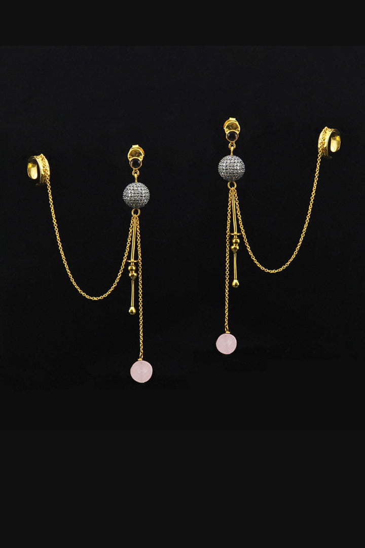 Cascading Diamonds & Rose Quartz Gold Ear Cuff Dangle Earrings | Sivalya