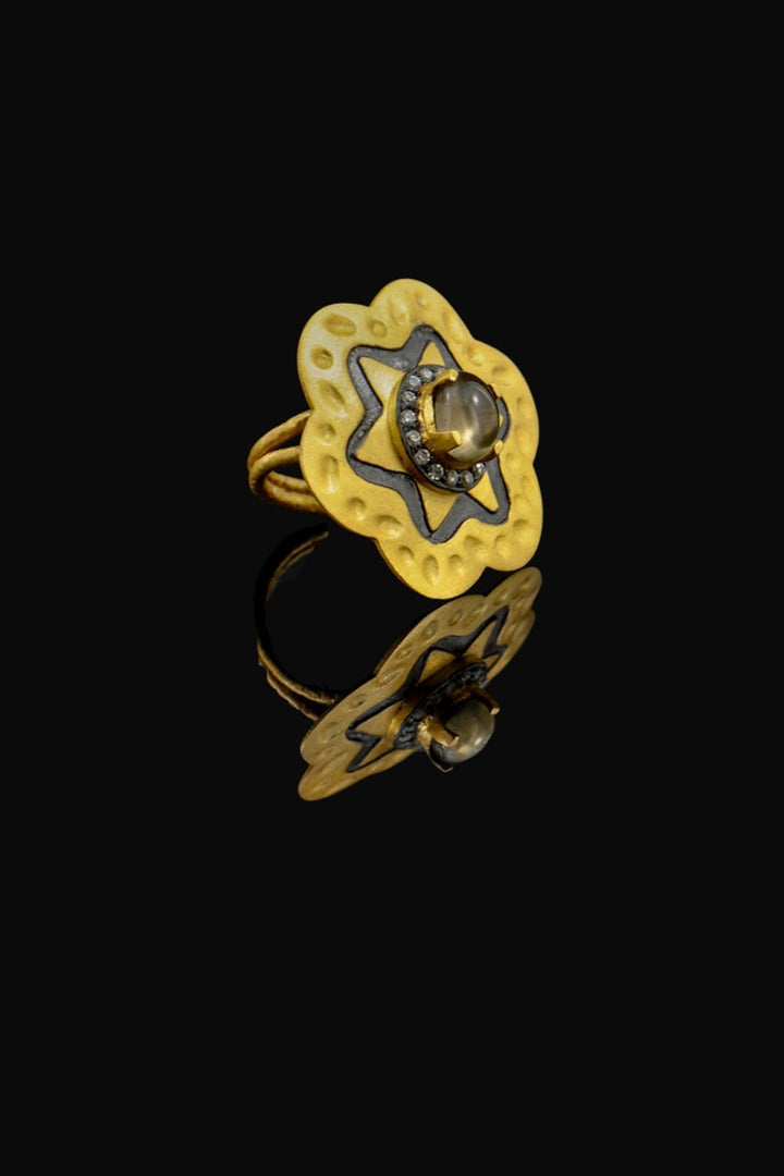 Blossom Flower Ring with Polki Diamonds & Smoky Quartz Gold | Sivalya