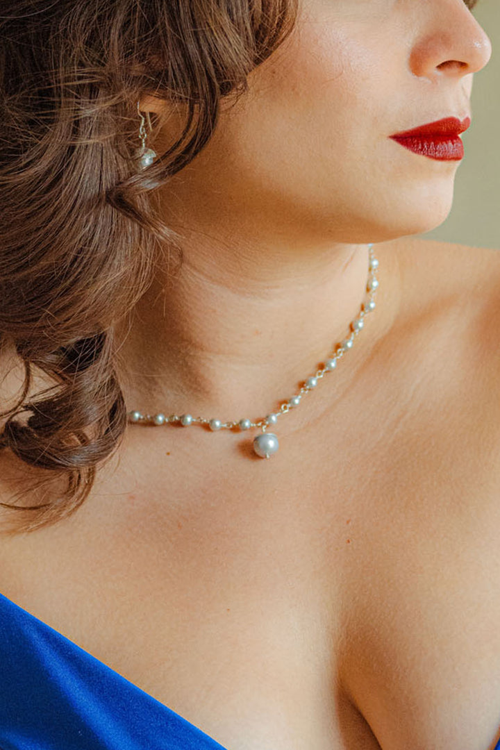 Sivalya Dainty Pearl Drop Necklace Sterling Silver - Dove