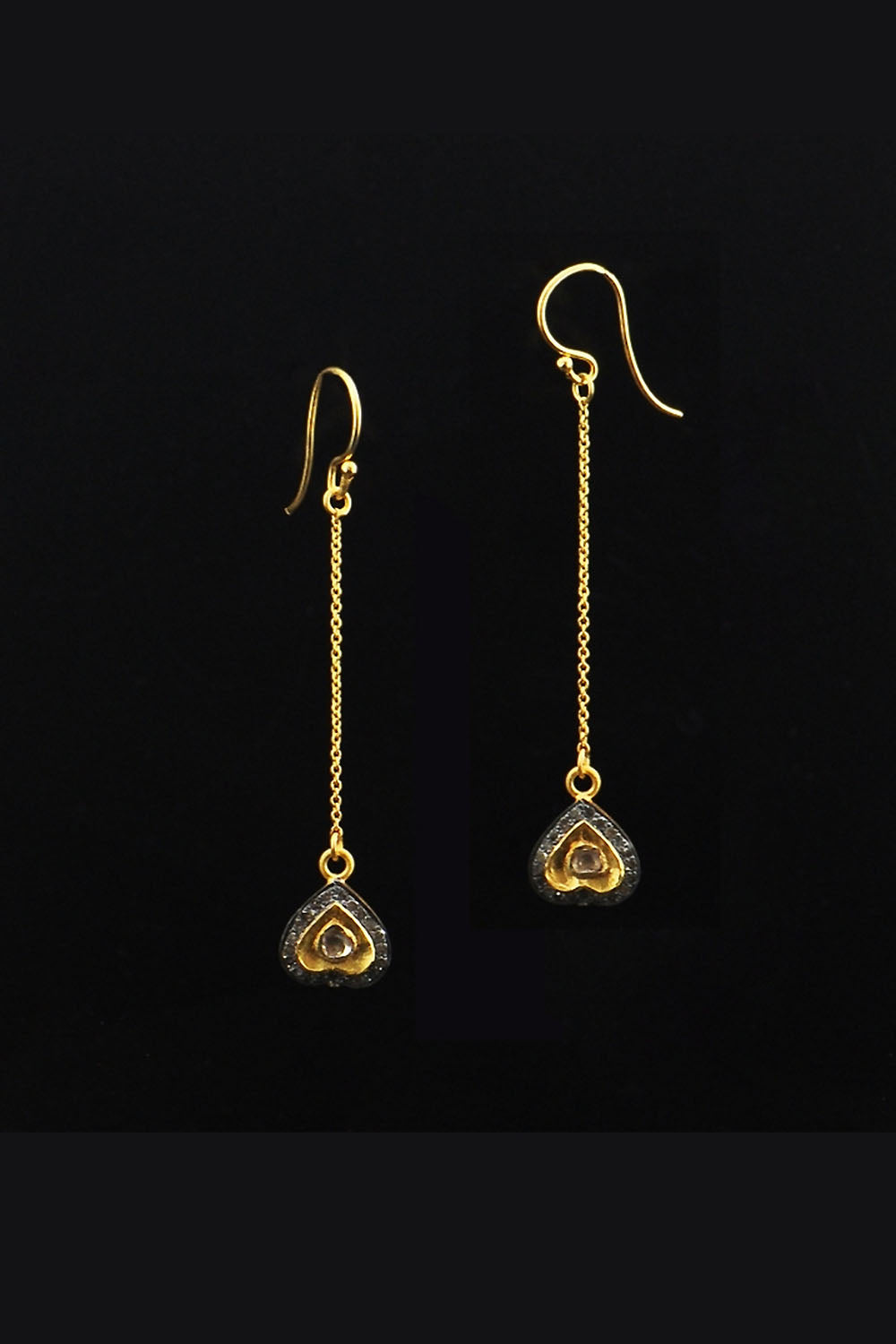 Heart Diamonds and Gold Long Dangle Drop Earrings | Sivalya