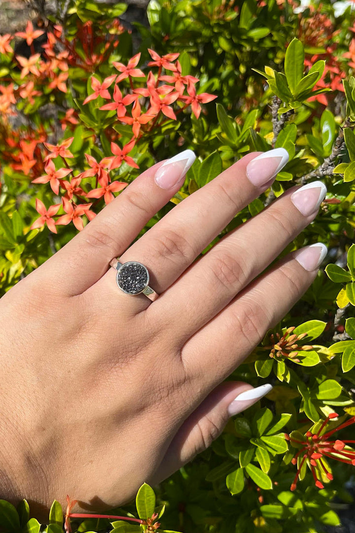 Sivalya Black Sparkle Sterling Silver Ring - Druzy