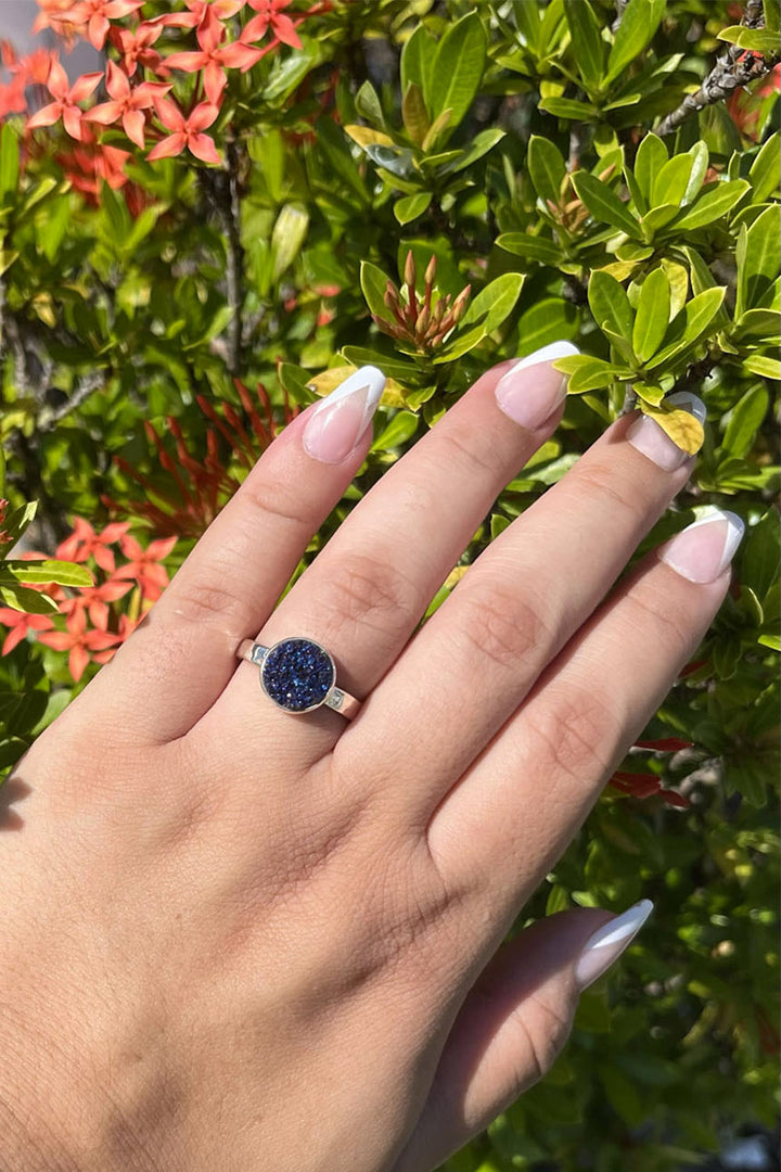 Sivalya Blue Sparkle Sterling Silver Ring - Druzy