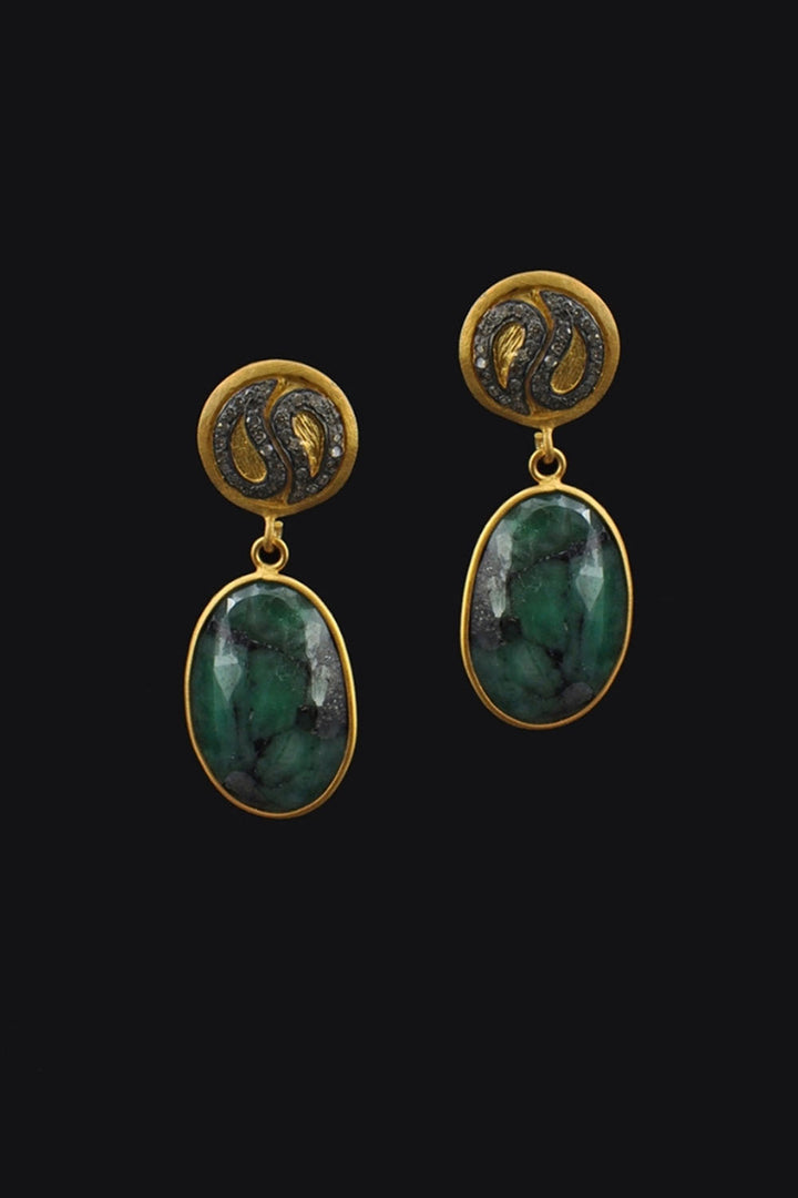 Natural Emerald Slice and Diamond Gold Dangle Earrings | Sivalya