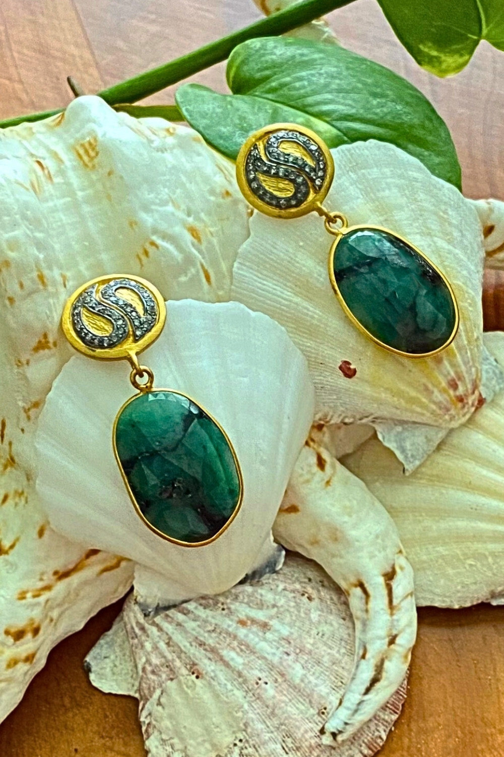 Natural Emerald Slice and Diamond Gold Dangle Earrings | Sivalya