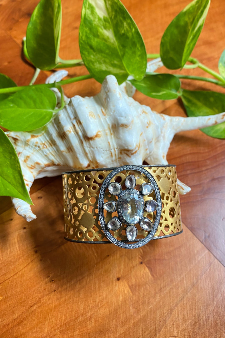 Textured Gold Cuff Bracelet with Polki Diamonds | Sivalya