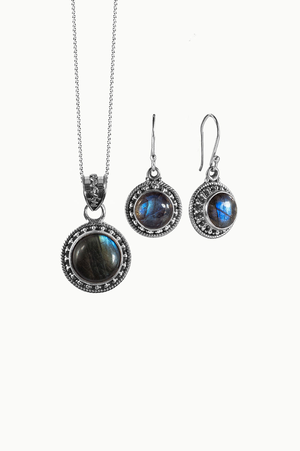 Sivalya Labradorite Silver Necklace and Earrings Jewelry Set - Aurora