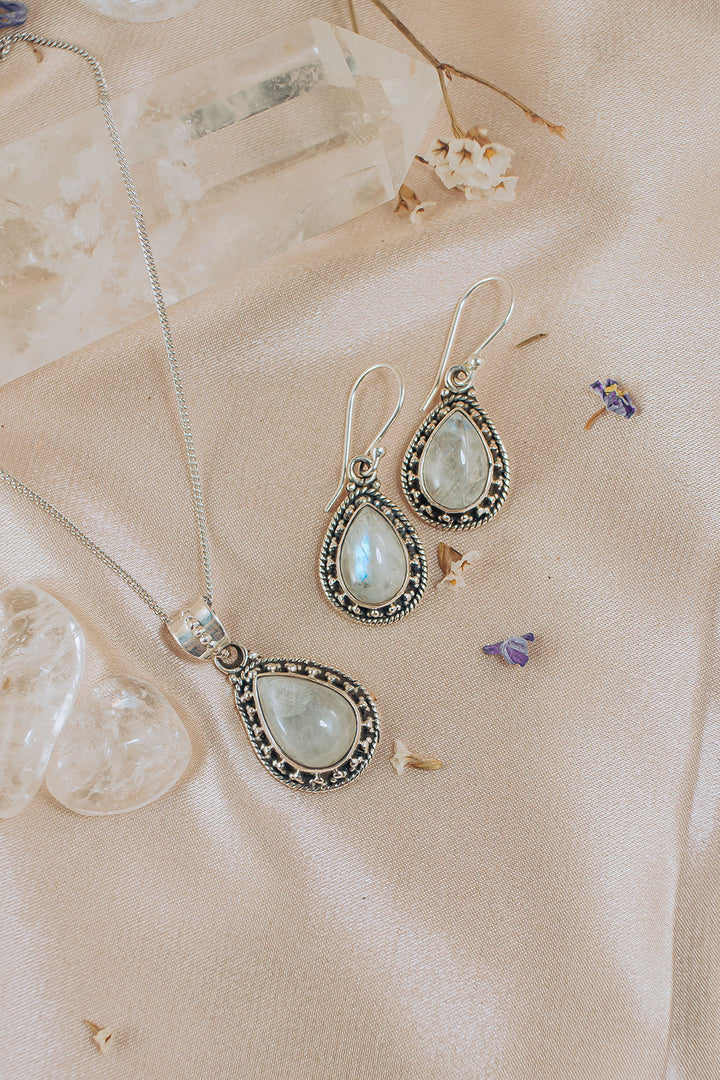 Sivalya Moonstone Necklace and Earrings Set Sterling Silver - Amalfi