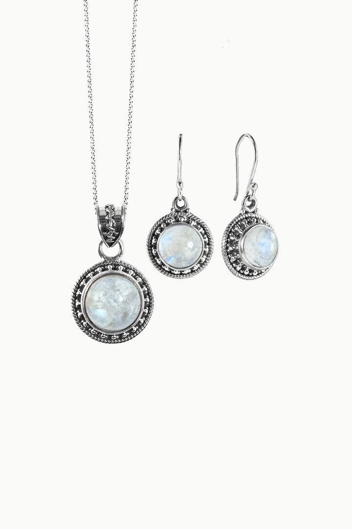 Sivalya Moonstone Silver Necklace and Earrings Jewelry Set - Aurora