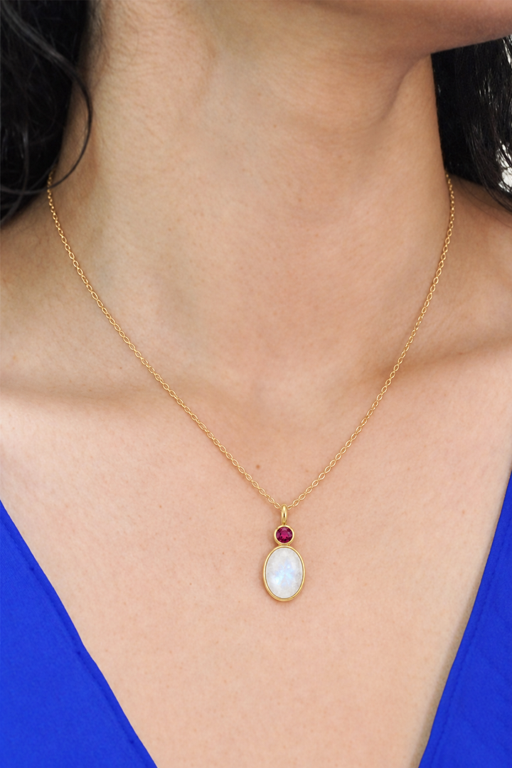 Moonstone &amp; Garnet Oval Cabochon Charm