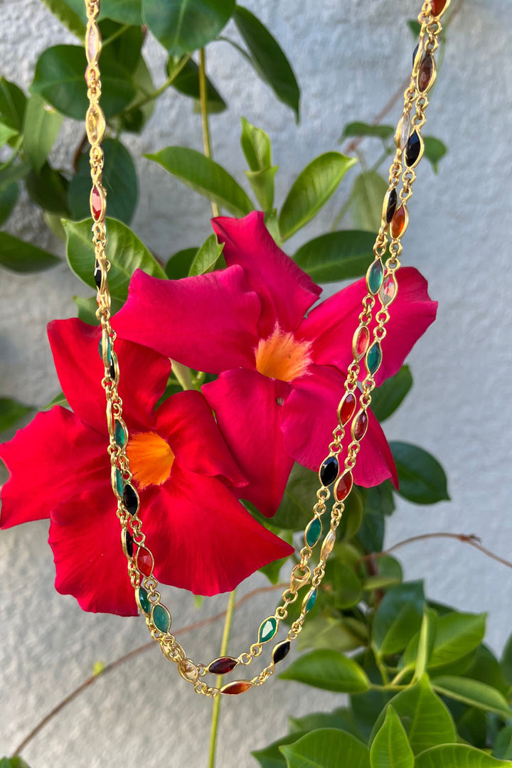 Multi-Colored Long Layering Necklace in Gold Vermeil