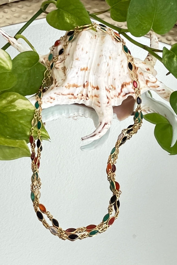 Multi-Colored Long Layering Necklace in Gold Vermeil