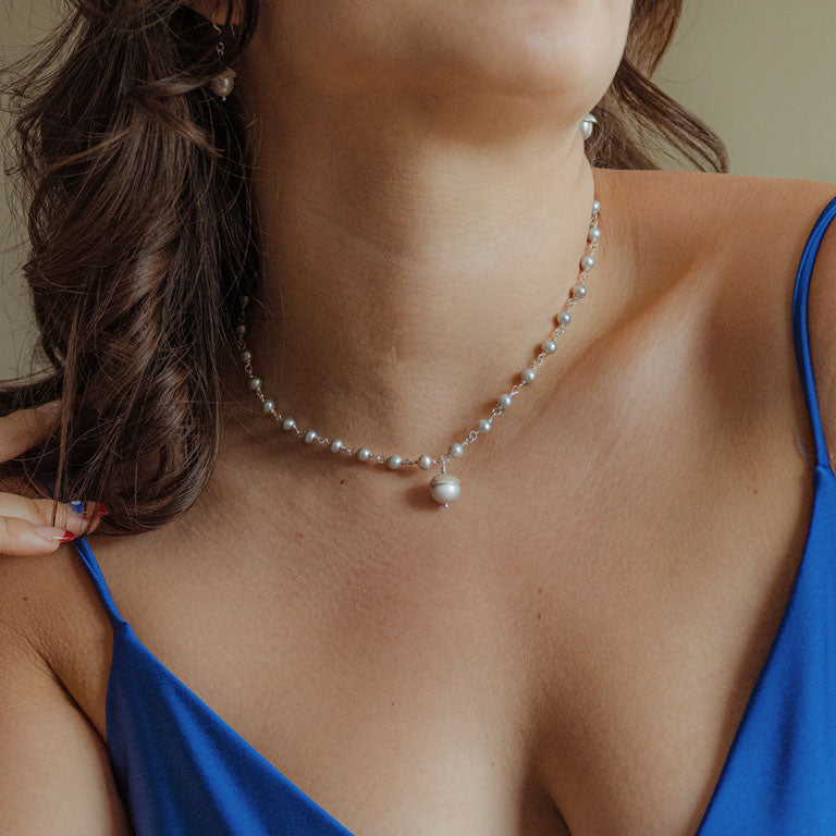 Sivalya Dainty Pearl Drop Necklace Sterling Silver - Peach