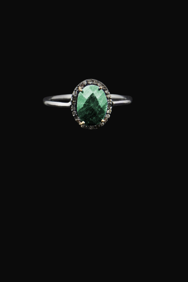 Natural Raw Emerald and Diamond Ring Oxidized Silver Size 7 | Sivalya